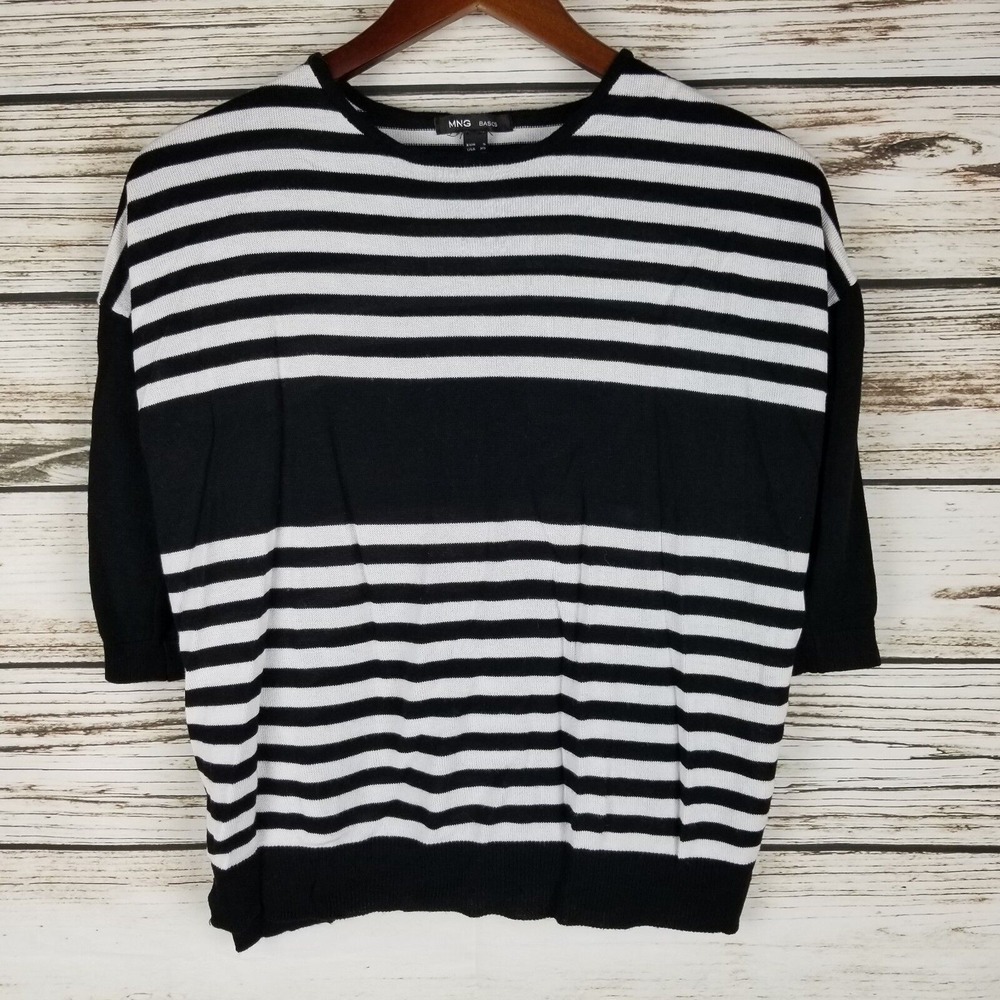 MNG Basics Women's Sweater‎ Size XS Black White Striped Semi Sheer Top Career